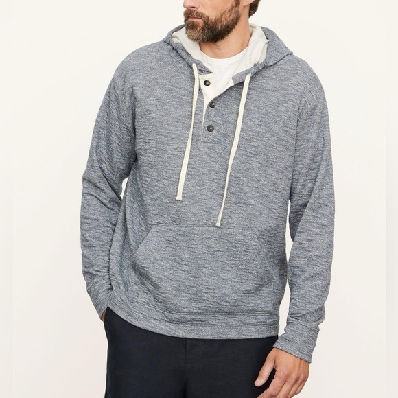 Vince Textured Double Knit Henley Heather Blue Cream Cotton Hoodie Size Large - Picture 1 of 16